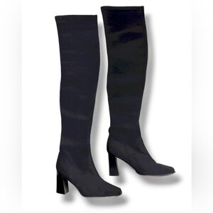 PAZZO Black Stretch Fabric Over the Knee Block Heel Boots